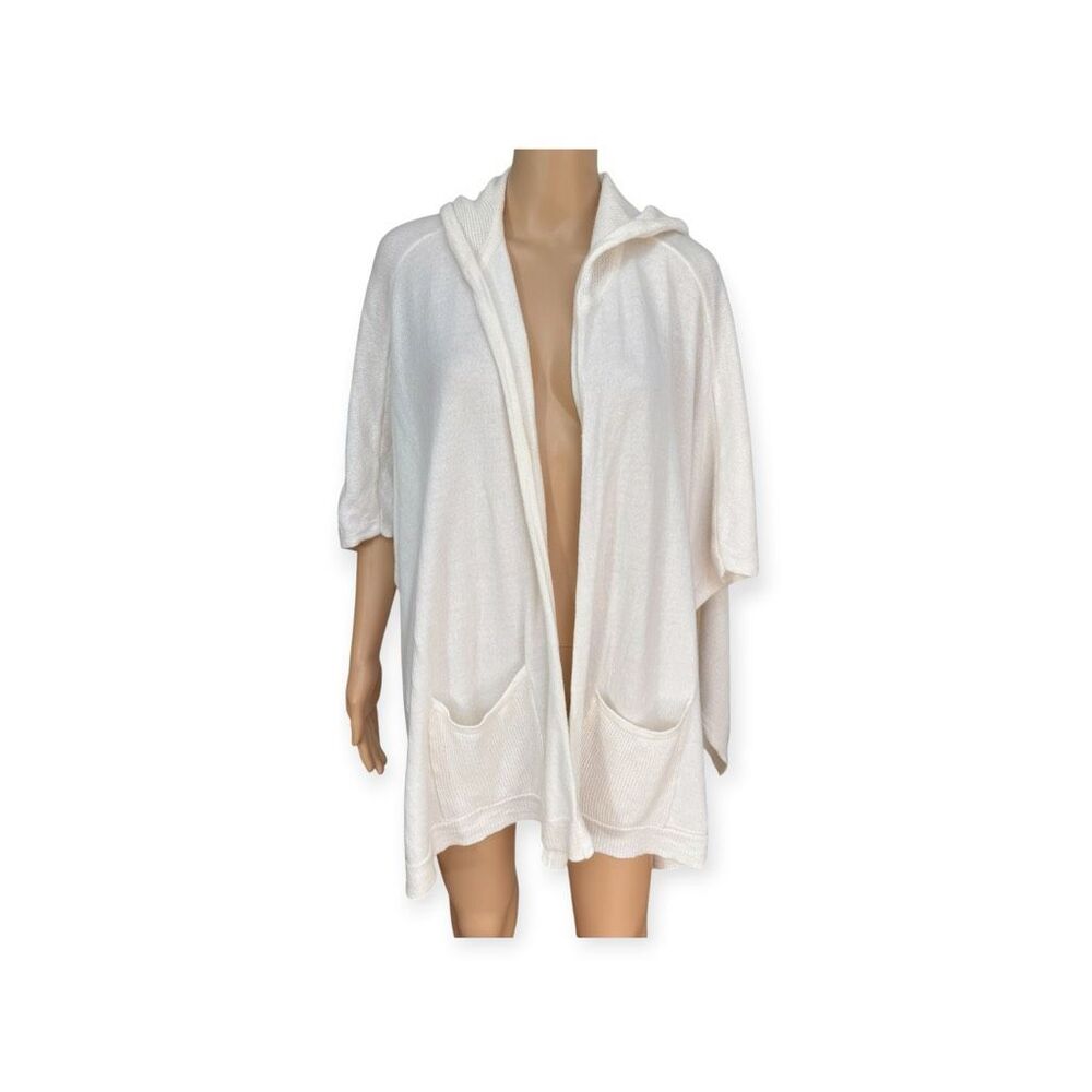 Happily Grey 100% Extra Fine Merino Wool Ivory Hooded Cardigan Poncho One Size